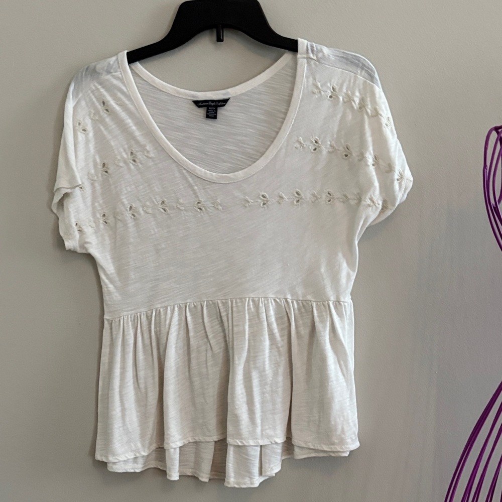 American Eagle Outfitters Cream Embroidered Blouse